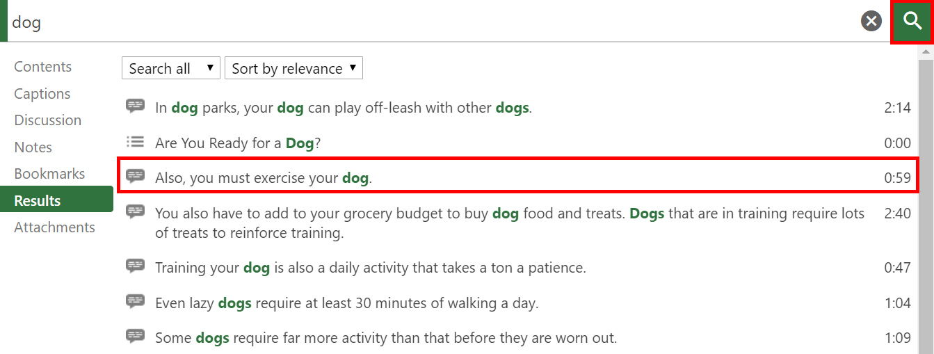 Search results in the Panopto Interactive Viewer