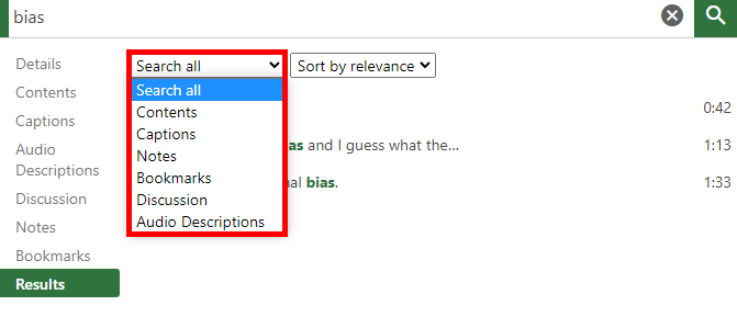 Search window, where the "Search all" menu is expanded and highlighted by a red box.