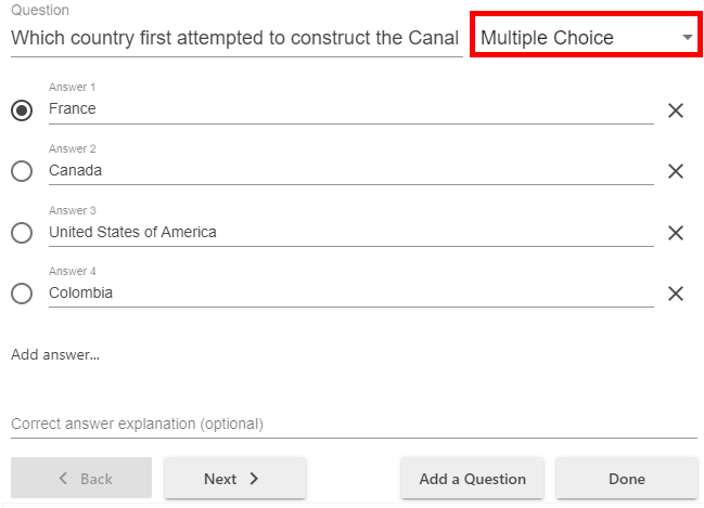 Multiple choice quiz form. On it, the drop down menu to change the quiz question type is highlighted by a red box.