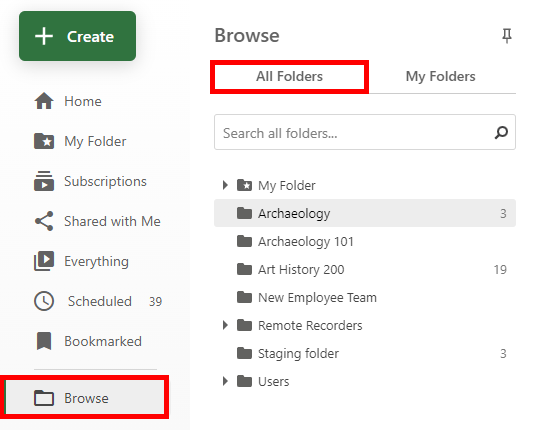 Browse menu, expanded in Panopto. "Browse," and the options "All Folders | My Folders" are highlighted by red boxes.