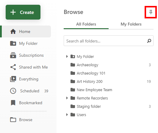 Browse menu, expanded in Panopto. The pin icon in the upper right corner is highlighted by a red box.