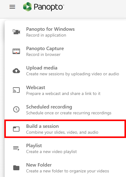 Create menu, expanded. On it, the sixth option down, "Build a session," is highlighted by a red box.