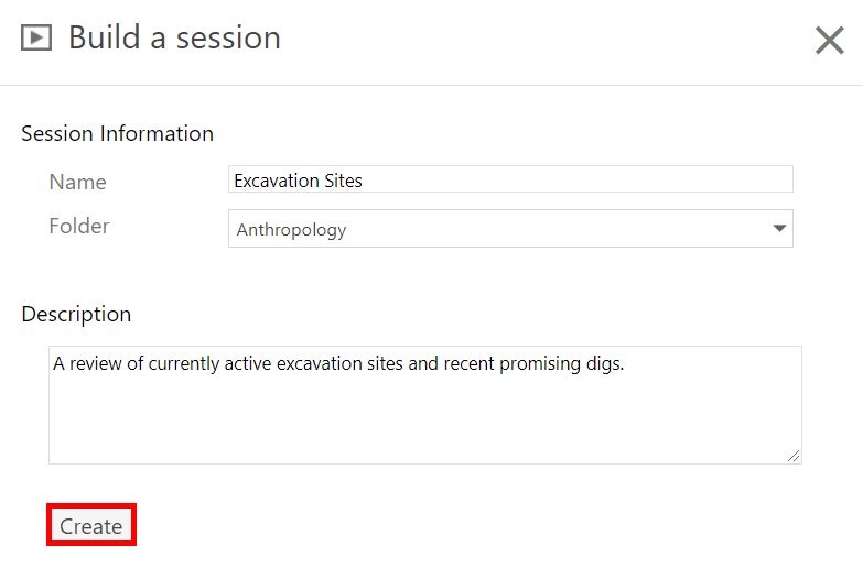 Build a session window. On it, the fields are completed and "Create" is highlighted by a red box.