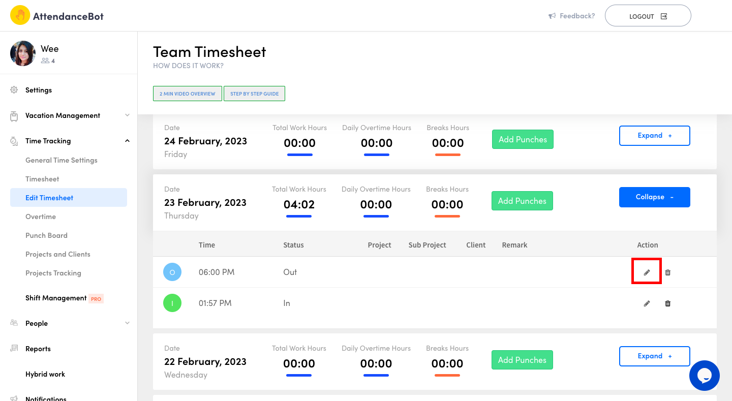 How to edit or delete punch in and out times for employees