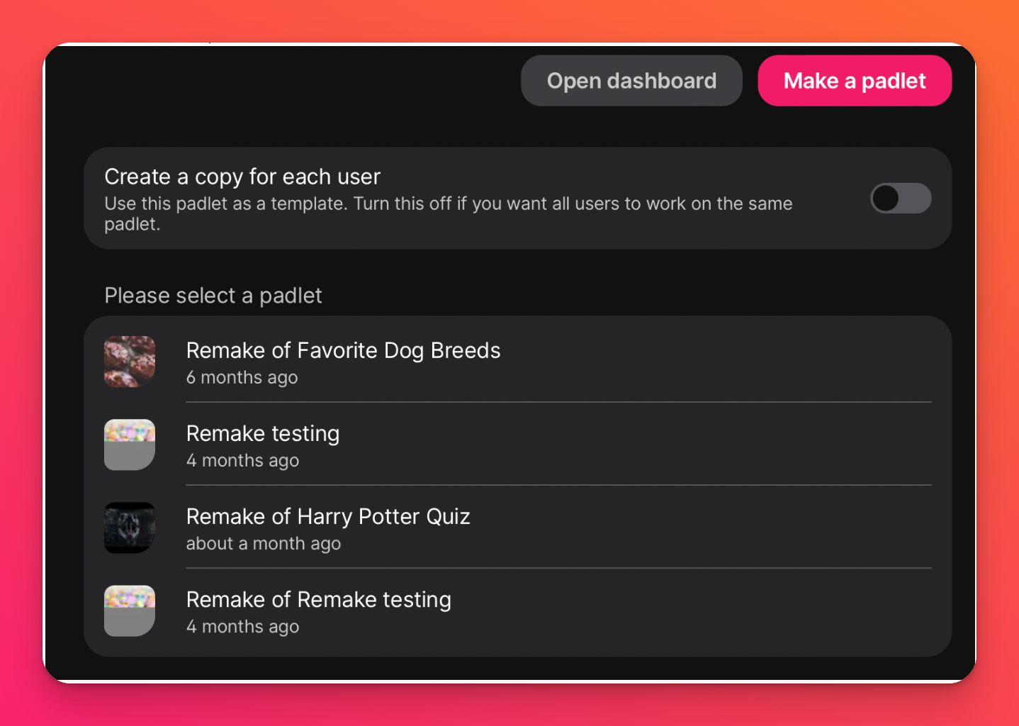 Screenshot of padlet list in users account