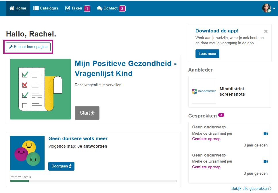 screenshot knop 'Beheer homepage'