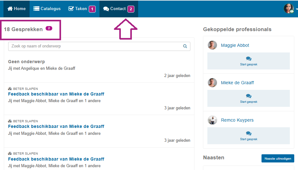 screenshot van gesprekken/contact