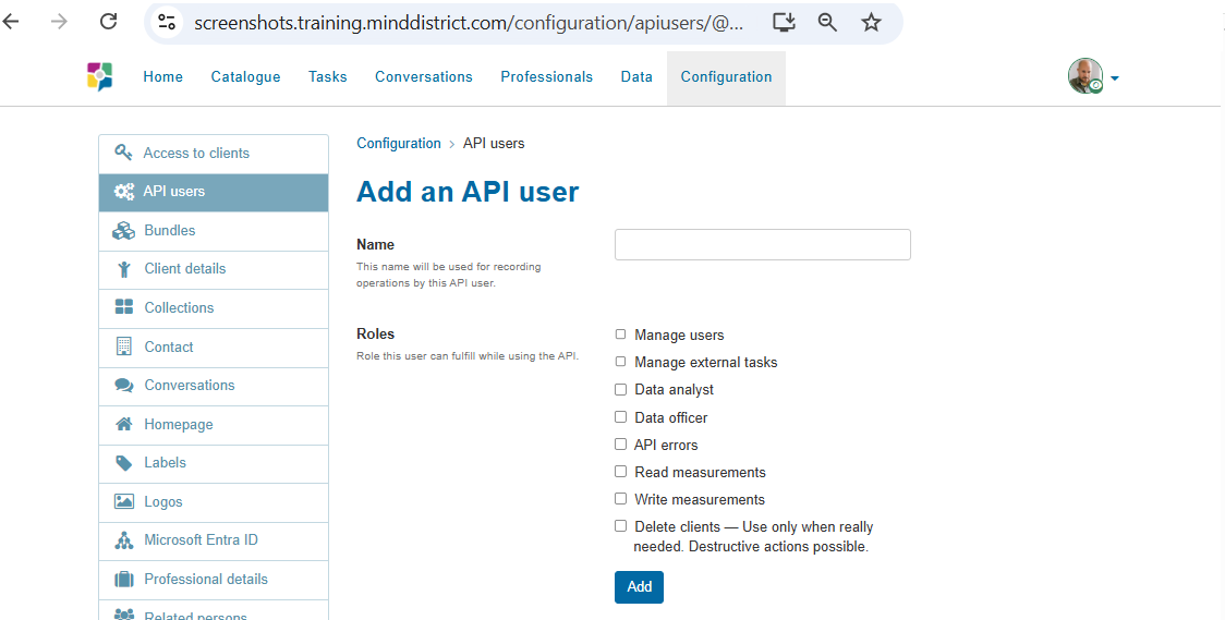 screenshot of adding an API user
