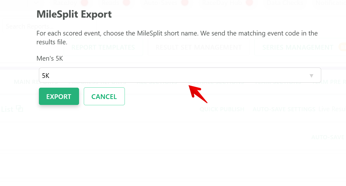 MileSplit Export dialog