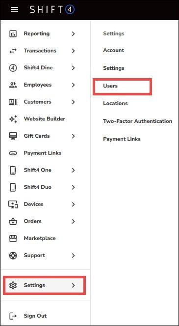 Shift4 Customer Hub Settings and Users navigation