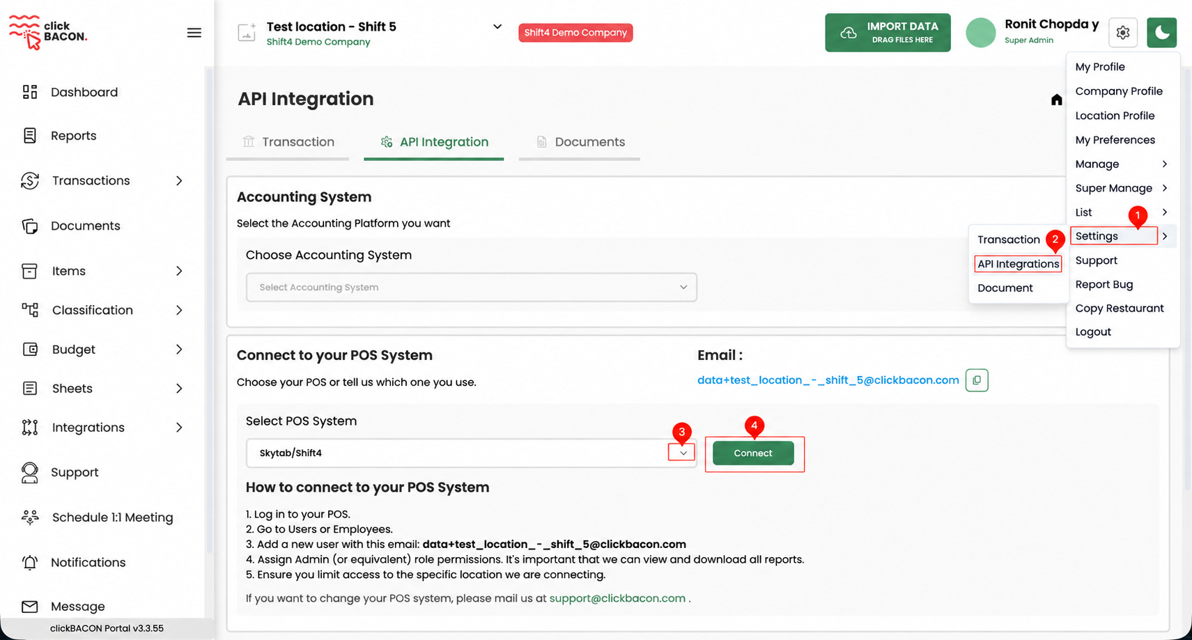 clickBACON API Integration page with SkyTab Shift4 selected
