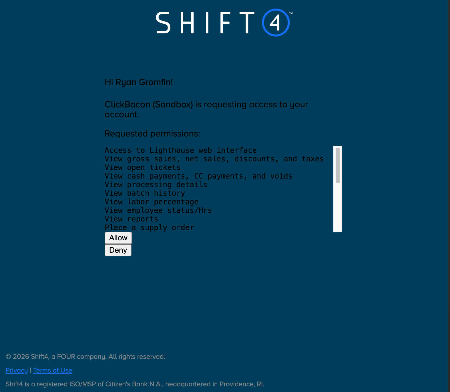 Shift4 OAuth permission screen with Allow and Deny buttons