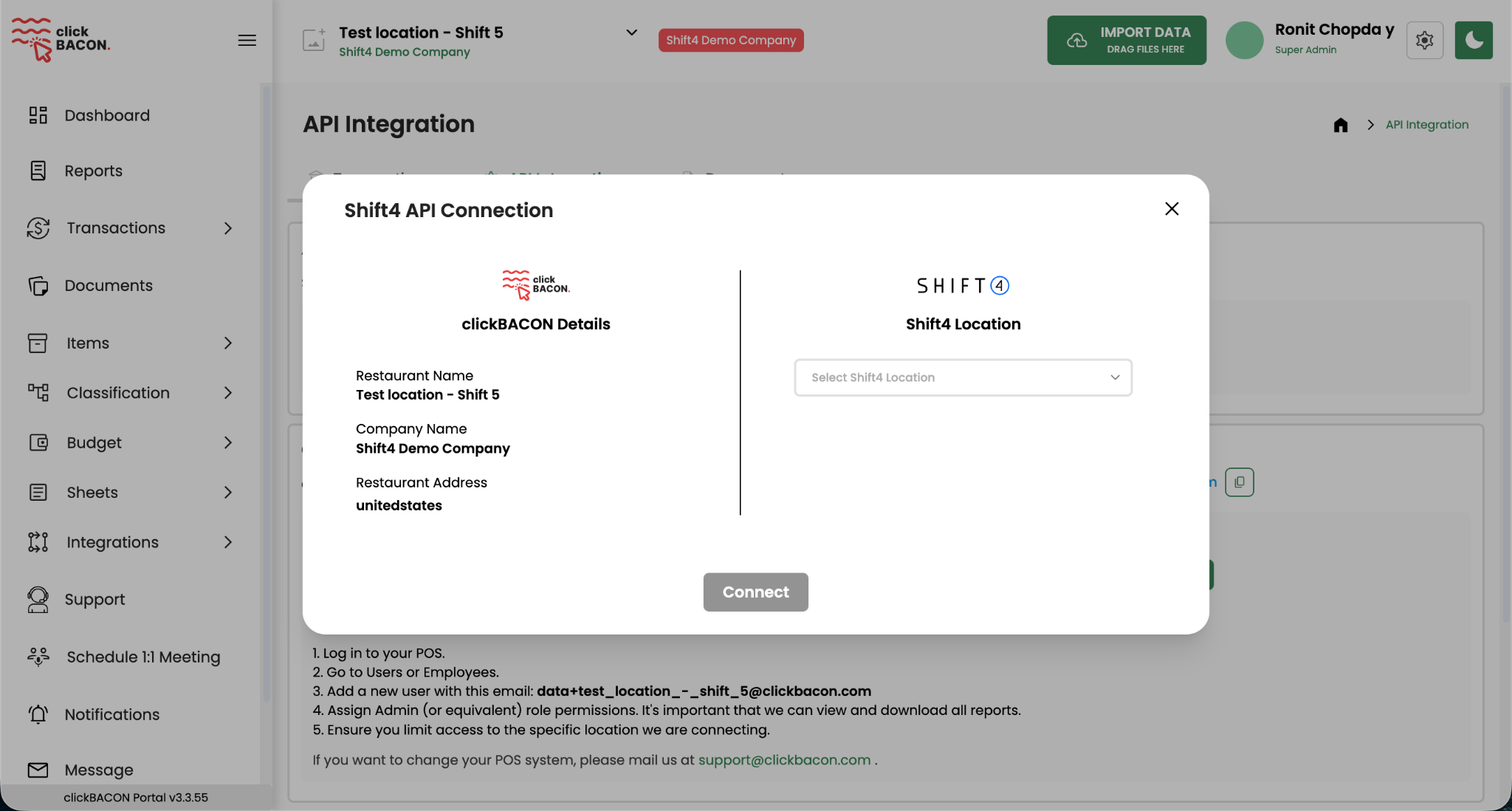clickBACON Shift4 location mapping dialog