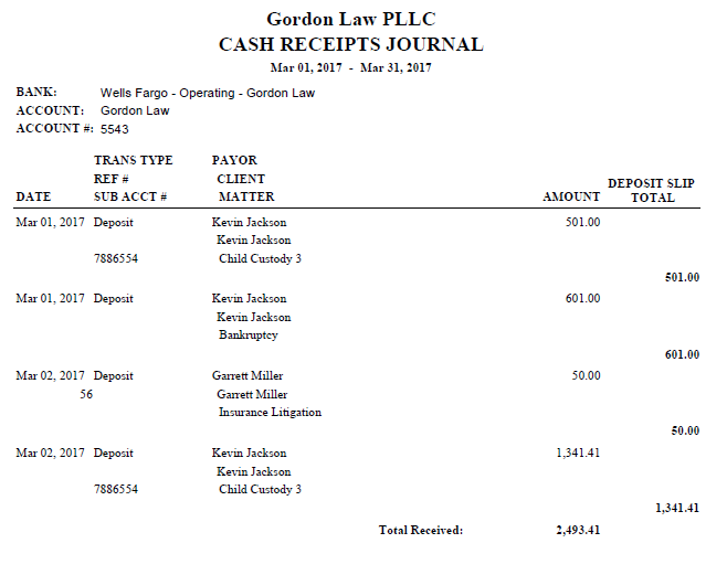 Cash Receipts Journal Report CosmoLex Support