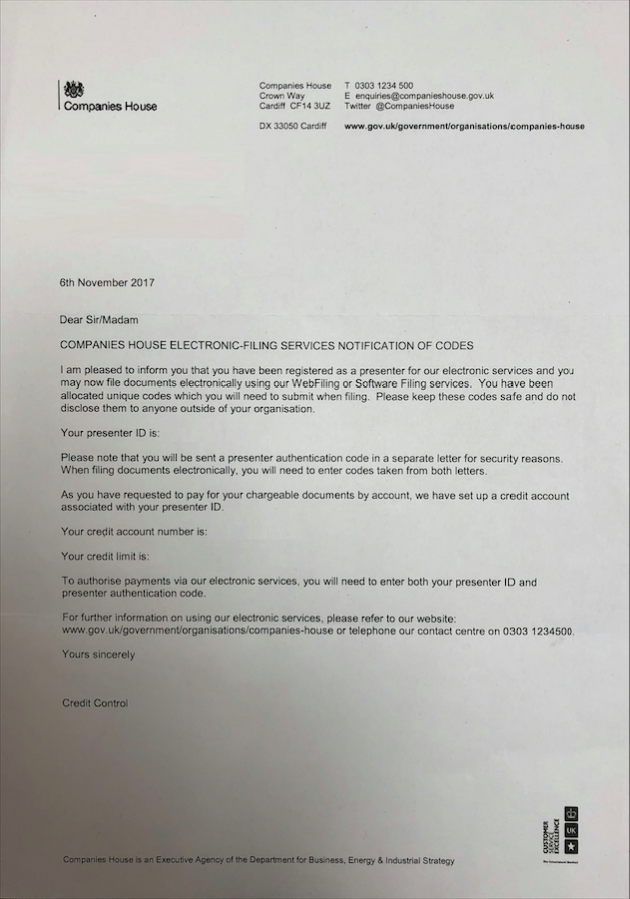 What will Companies House send me once I have applied for a Presenter