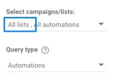 Blue rectangle around 'all lists' with 'all automations' in the same selection.