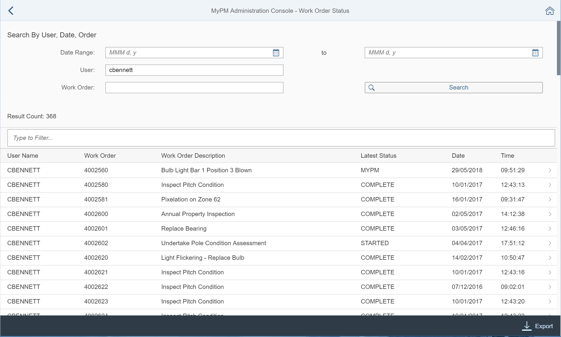 Work Order Status BlueWorx
