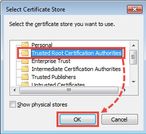 The Select Certificate Store window with the Trusted root certification authorities item selected