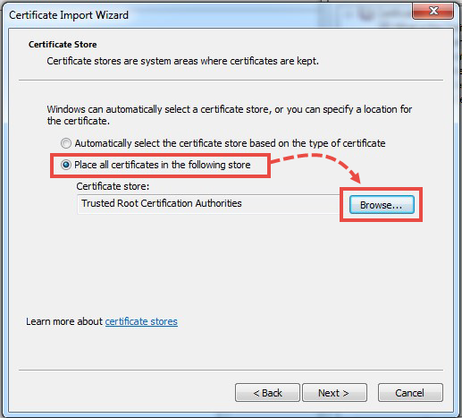 Selecting the certificate store in the Certificate import wizard
