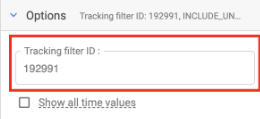 Image shows a red box highlighting the Tracking filter ID: text box in the Google Sheets Options drop-down. The Tracking filter ID box has an example ID of 192291