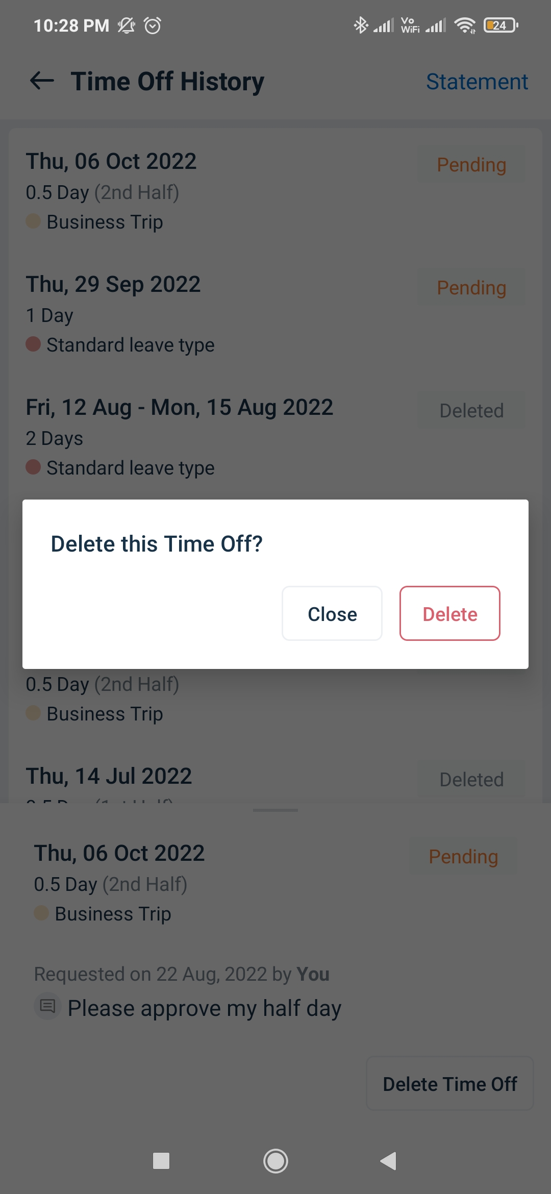 How to delete a time off request on Freshteam Mobile App Freshteam