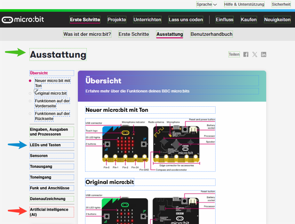 Screenshot of microbit.org webpage showing different coloured boxes which highlight the translation status of each string.