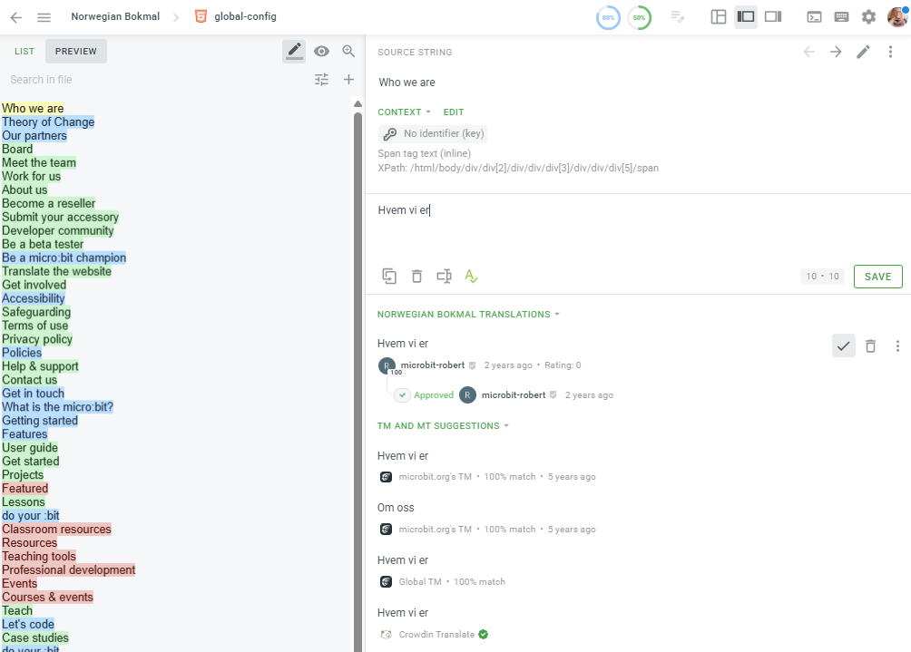 Screenshot to show the layout of the Crowdin editor.