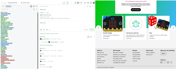 Screenshot to show a side by side view of the Crowdin editor and microbit.org.