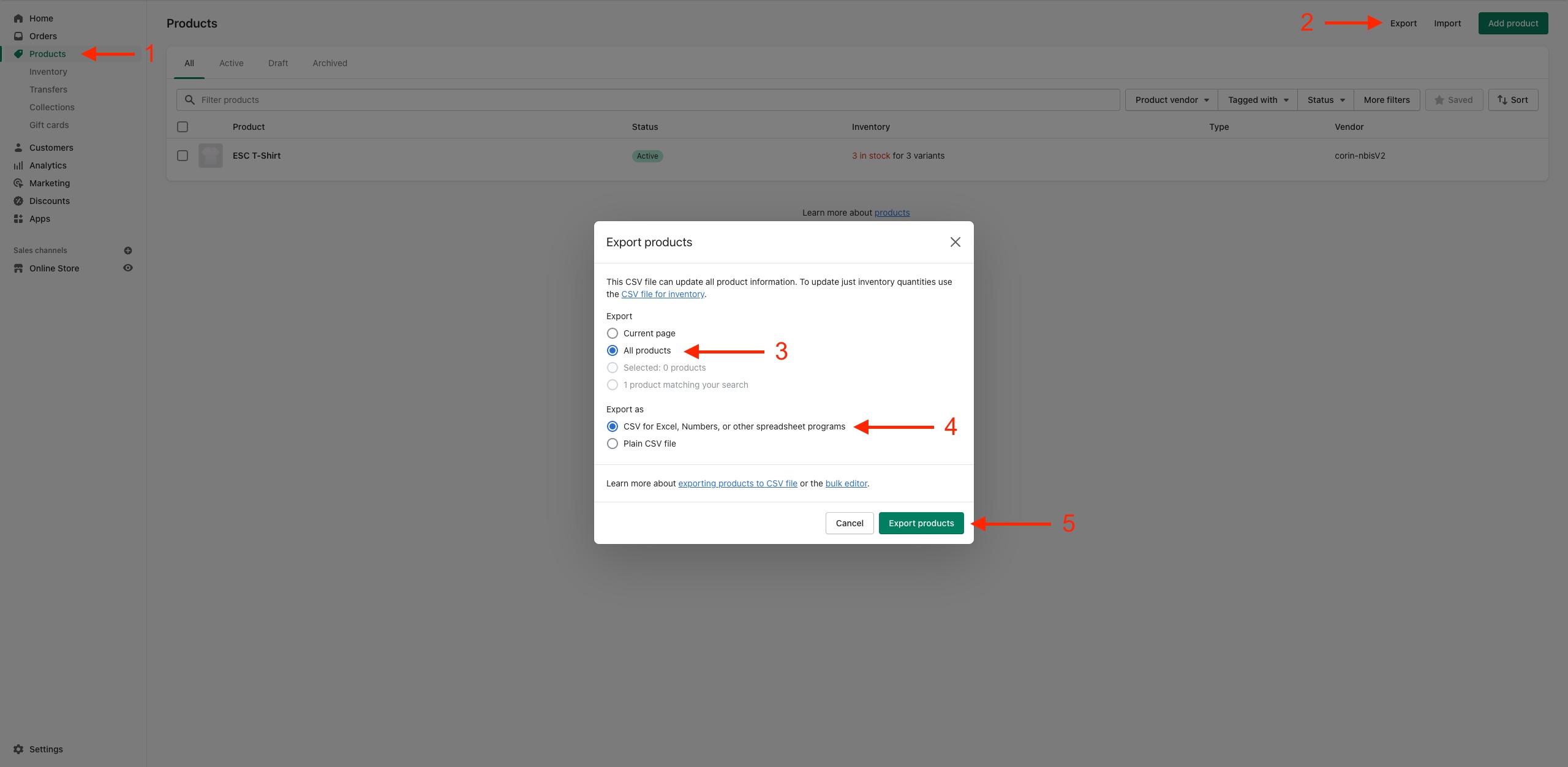 Steps to export your product URLs from Shopify