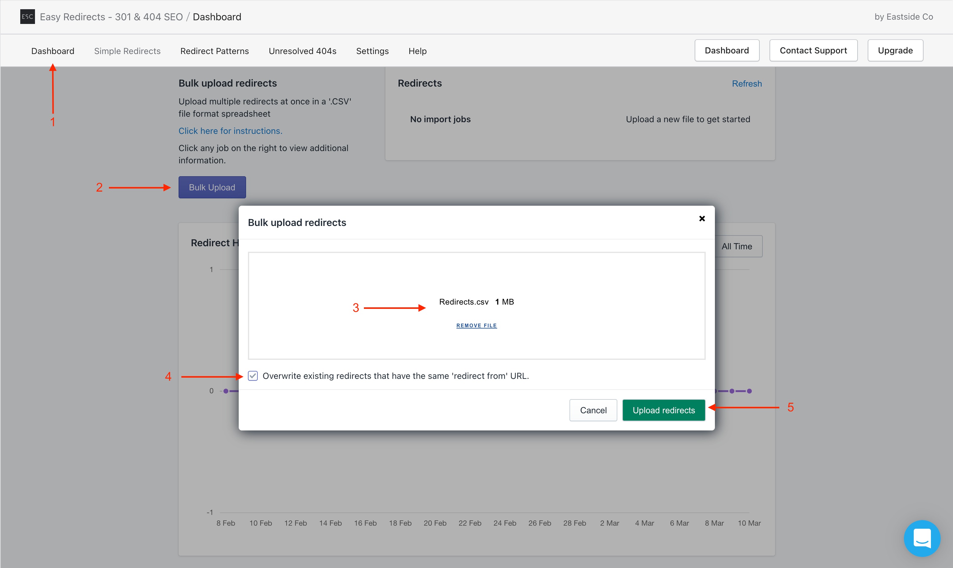 Upload your csv spreadsheet to Easy Redirects