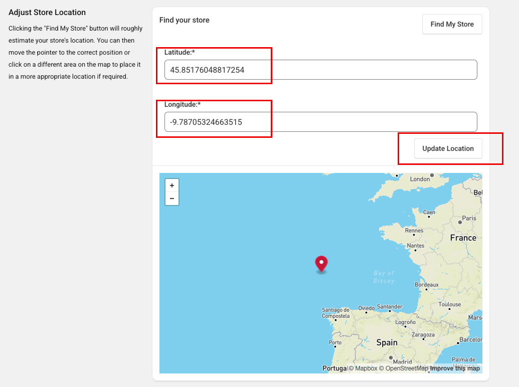 Enter in the latitude coordinates, longitude coordinates, then select Update Location