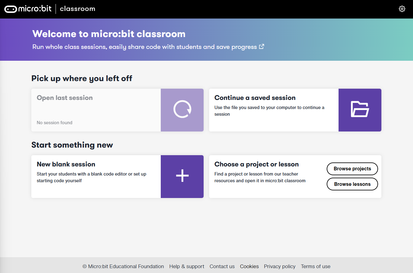 Screenshot of the micro:bit classroom landing page.