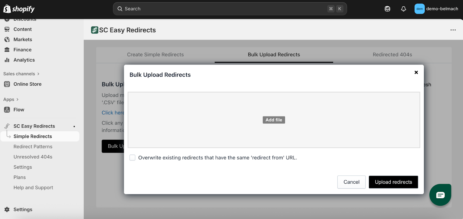 Upload your csv spreadsheet to Easy Redirects