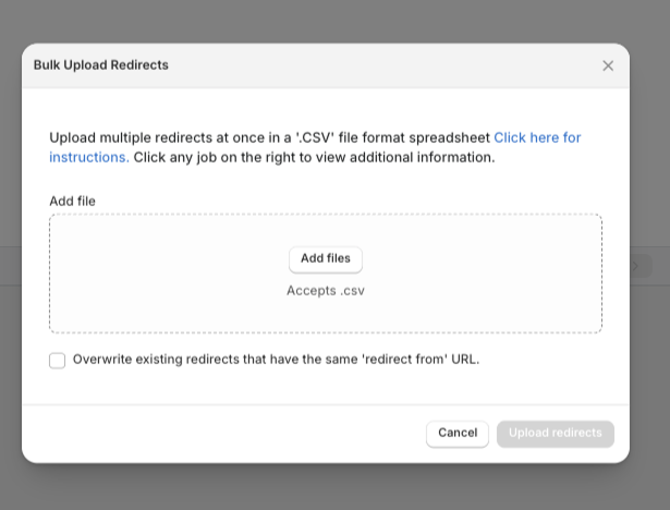 Upload your csv spreadsheet to Easy Redirects