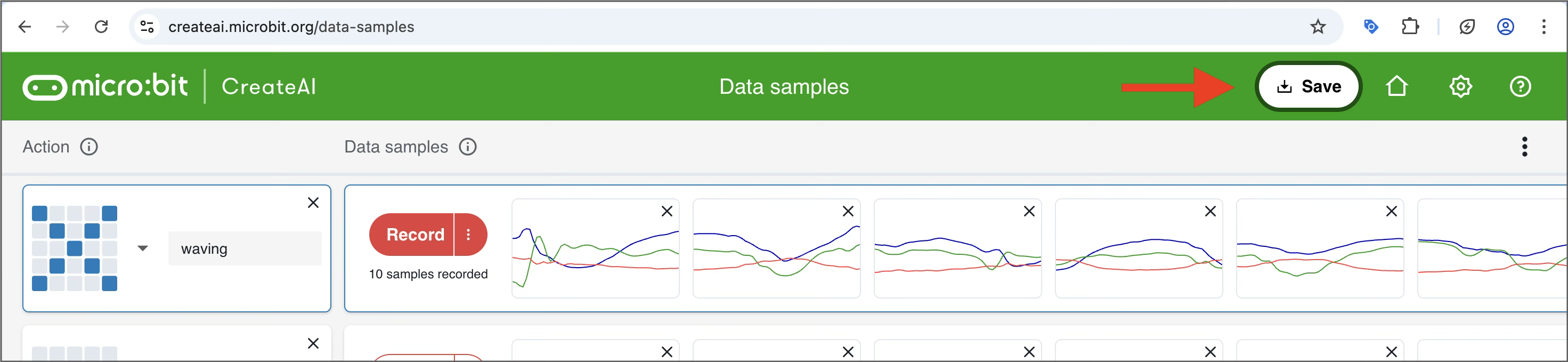 Screenshot of the CreateAI tool with named action and data samples and red arrow pointing to the 'Save' button in the top bar