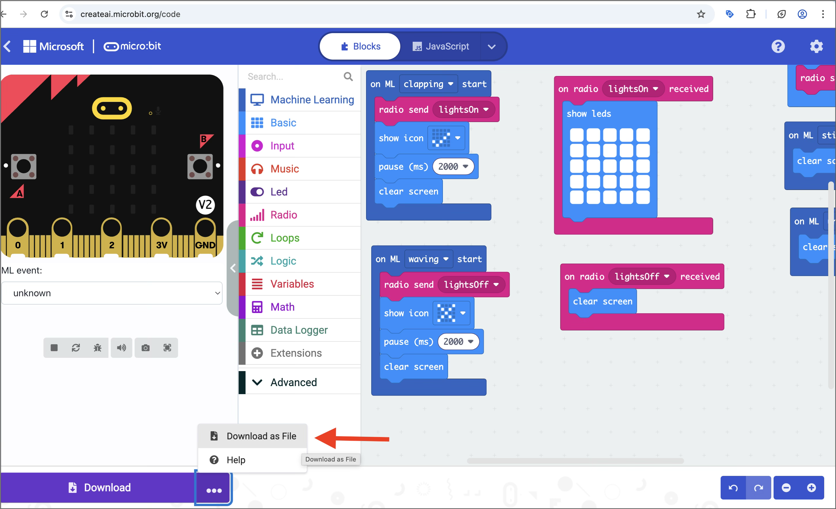 Screenshot of the MakeCode editor with red arrow pointing to the 'Download as file' option at the bottom of the screen