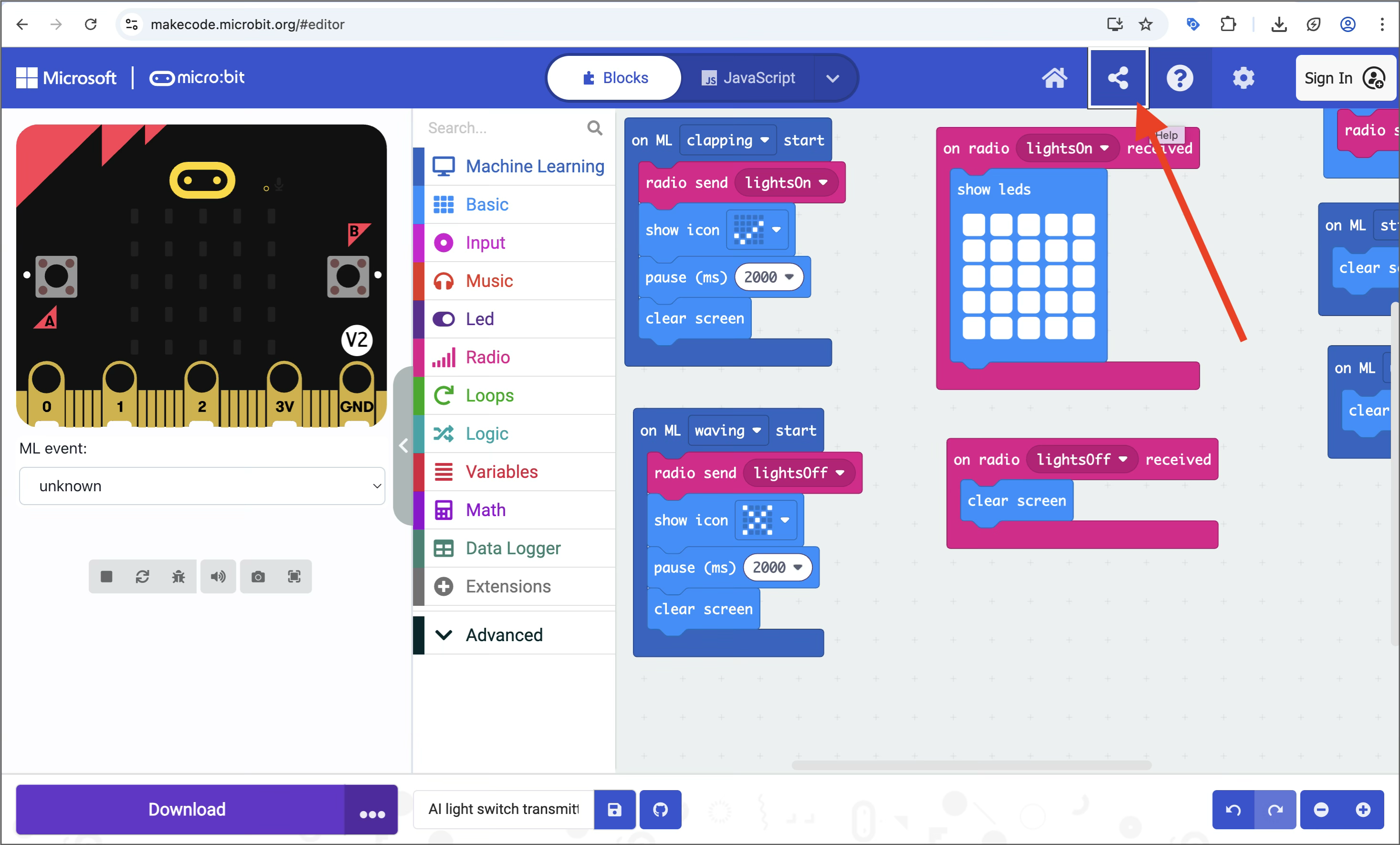 Screenshot of the MakeCode editor with red arrow pointing to the 'Share' icon in the top bar
