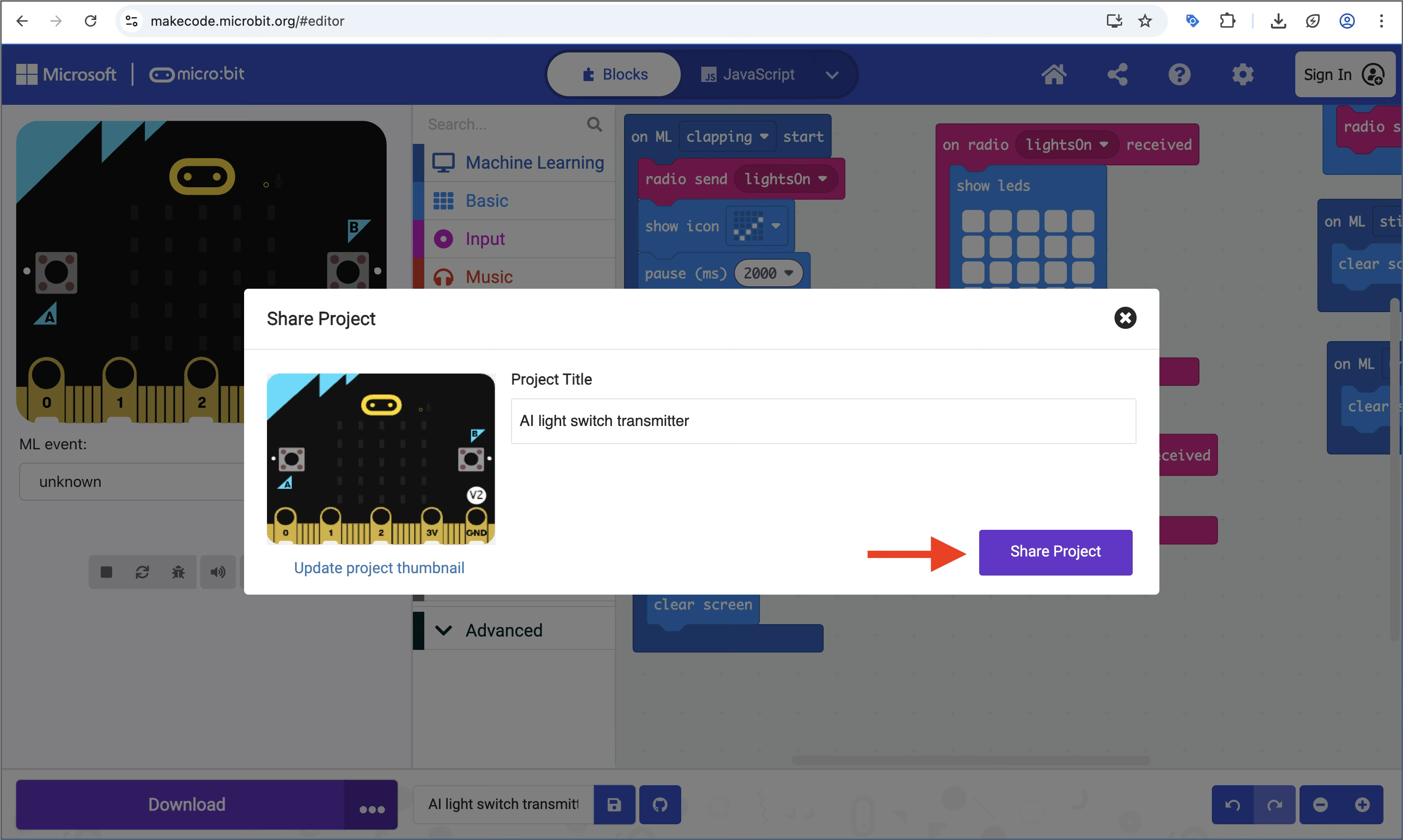 Screenshot of the MakeCode editor with the 'Share Project' window overlaying the screen, showing Project Title and red arrow pointing to the 'Share Project' button