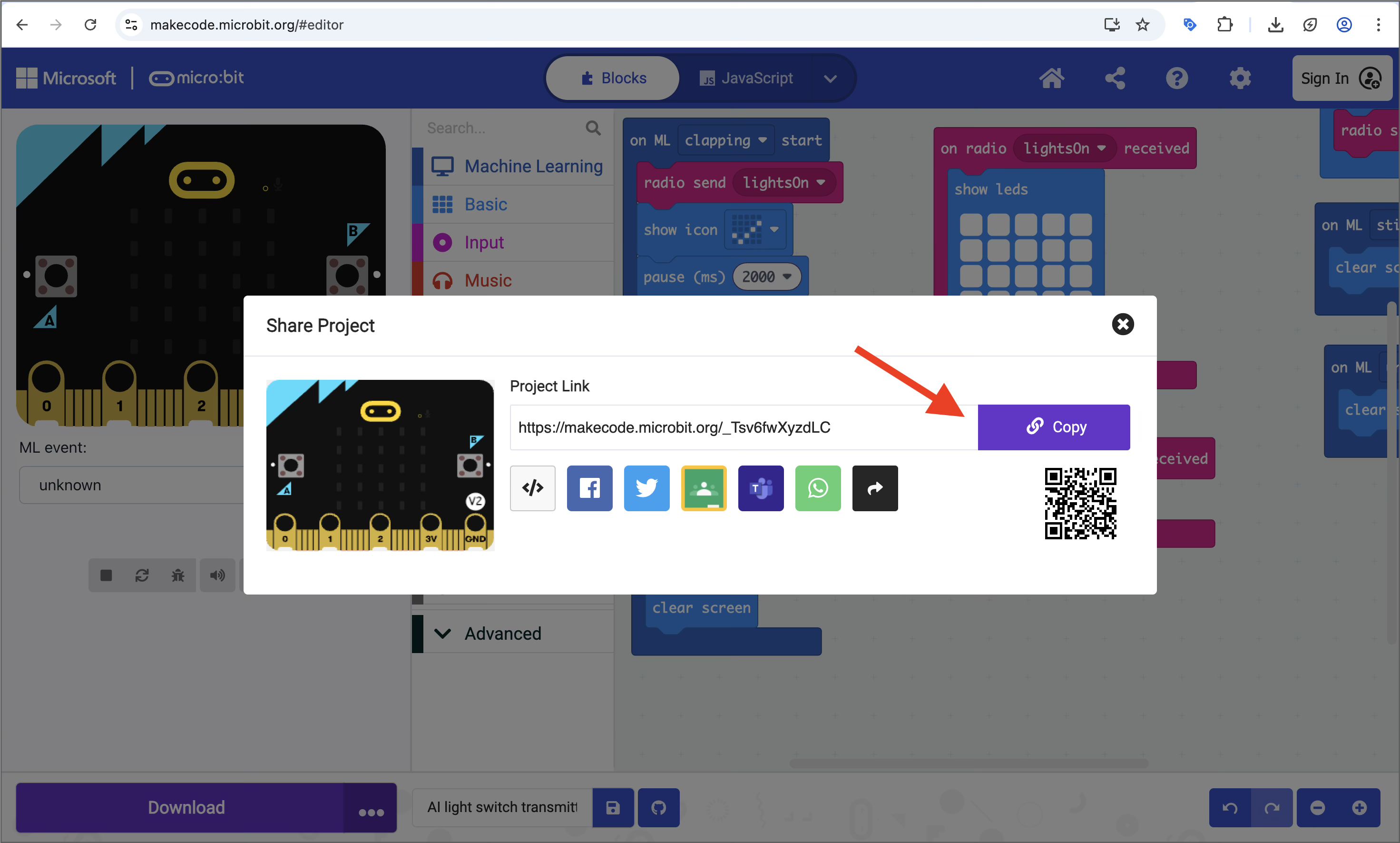 Screenshot of the MakeCode editor with the 'Share Project' window overlaying the screen, showing Project link, ways to share a project such as via social media or QR code, with red arrow pointing to the 'Copy' button