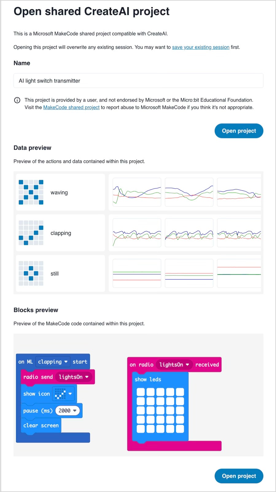Screenshot of a shared CreateAI project landing page, showing CreateAI data preview and MakeCode code preview, and two 'Open project' buttons at the top and bottom of the screen