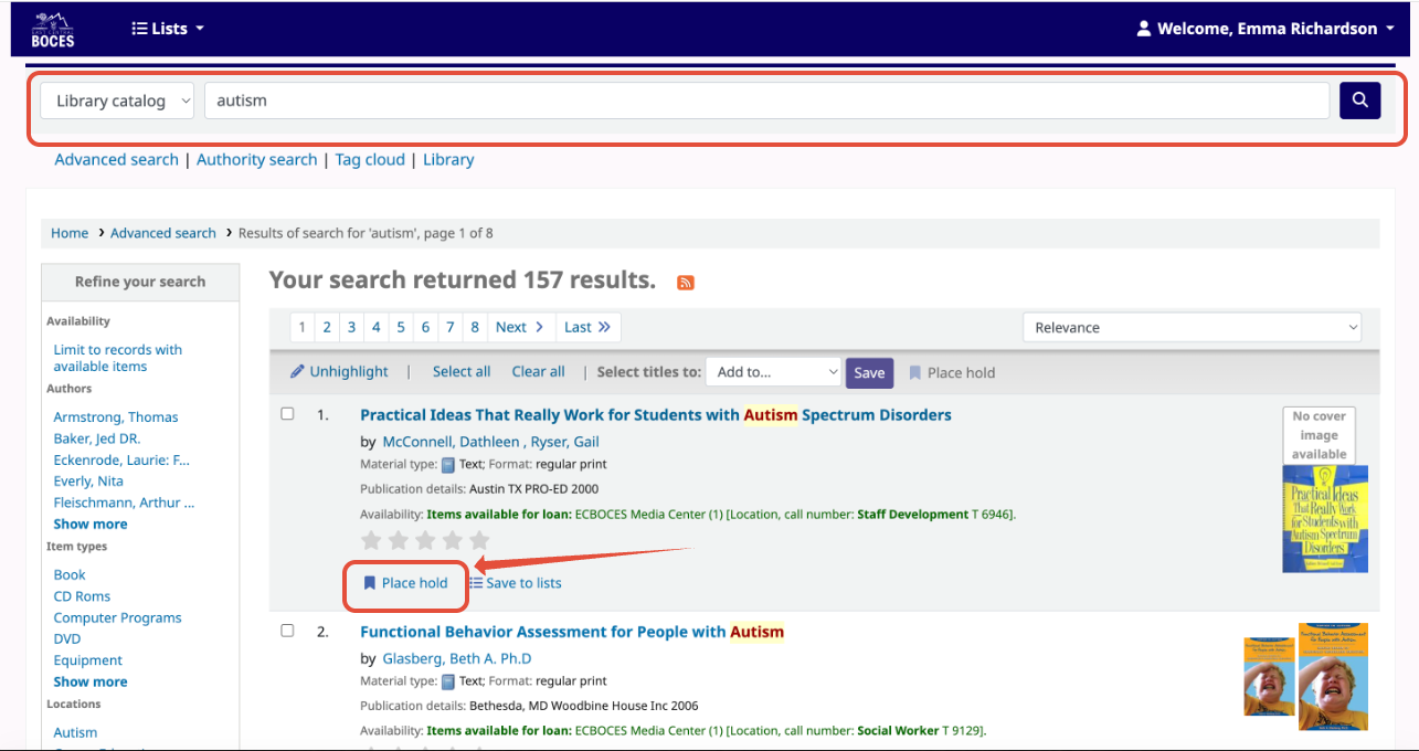 Screenshot of search results after searching with subject line Autism