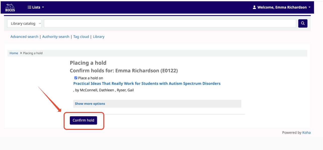 Screenshot of Confirm Hold screen