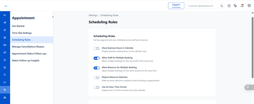 Scheduling Rules Settings showing Allow Staff and Allow Resource for Multiple Booking toggles