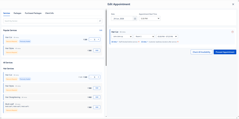 Edit Appointment screen with service list on left and editable fields on right