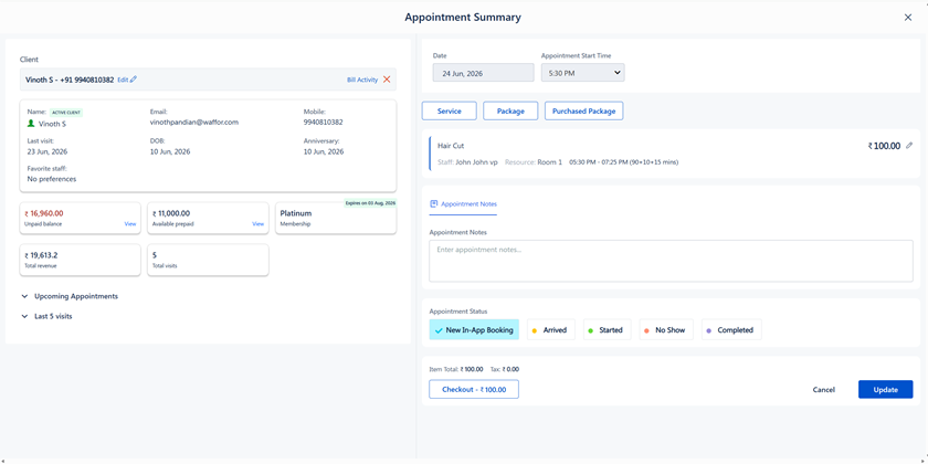 Appointment Summary screen showing updated appointment details with Update button