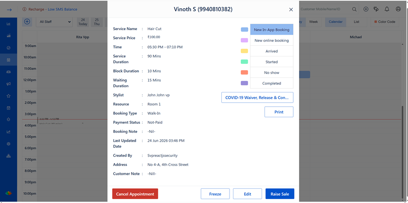 Appointment Details popup showing service info, status options, and action buttons