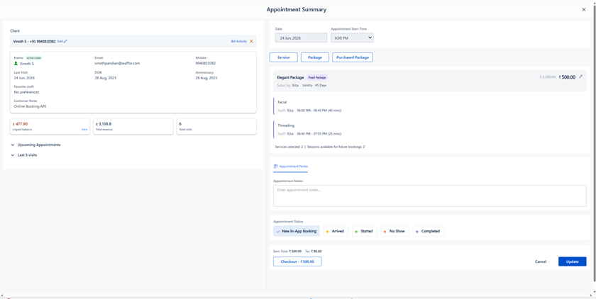 Appointment Summary screen showing updated package details with Update button