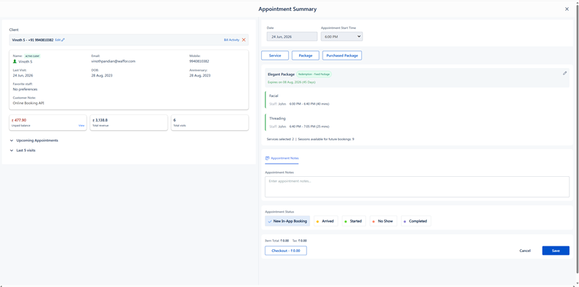 Appointment Summary screen showing updated purchased package details with Save button