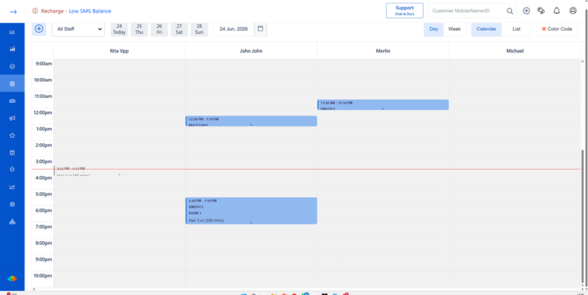Calendar view showing appointment blocks under staff columns