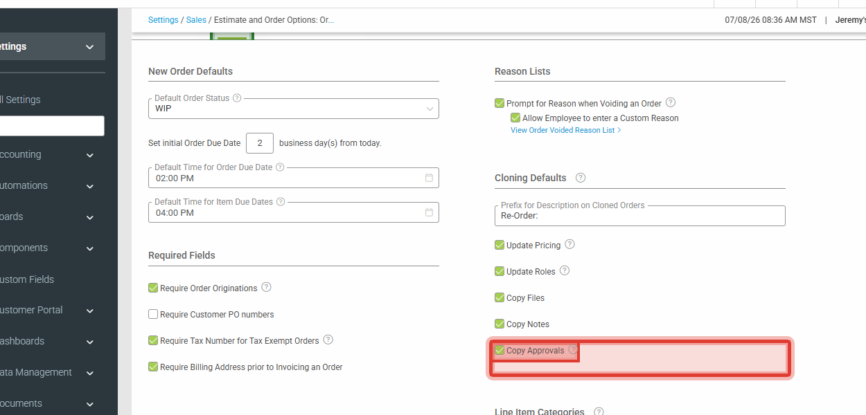 Settings > Sales > Estimate and Order Options > Orders tab (green) > Cloning Defaults > Copy Approvals (red)